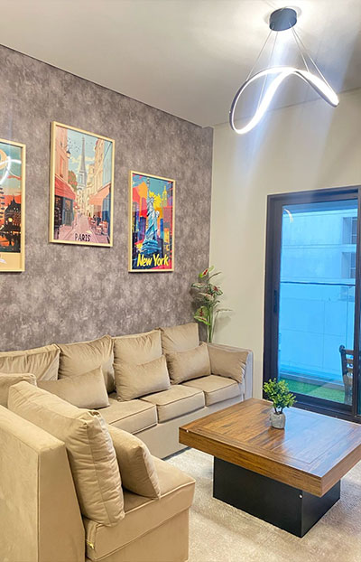 lounge area with modern decor at Urban Panda Hostel DWTC
